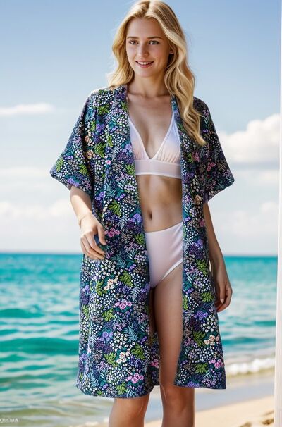 Half Sleeve Floral Open Navy Blue Cardigan - Tigbul's Variety Fashion Shop