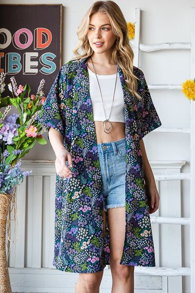 Half Sleeve Floral Open Navy Blue Cardigan - Tigbul's Variety Fashion Shop