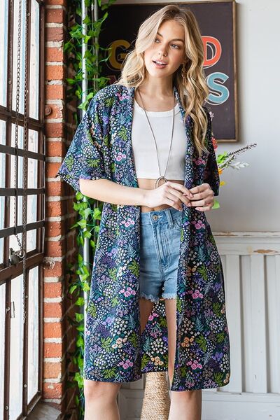 Half Sleeve Floral Open Navy Blue Cardigan - Tigbul's Variety Fashion Shop