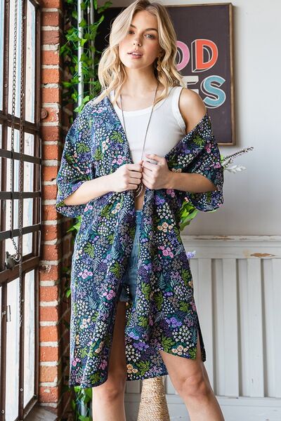 Half Sleeve Floral Open Navy Blue Cardigan - Tigbul's Variety Fashion Shop