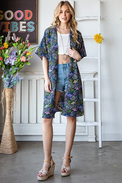 Half Sleeve Floral Open Navy Blue Cardigan - Tigbul's Variety Fashion Shop