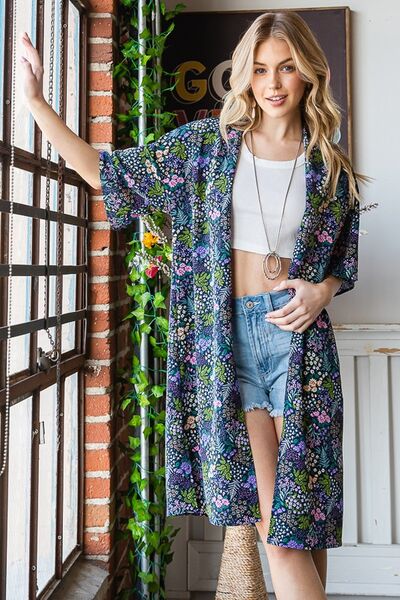 Half Sleeve Floral Open Navy Blue Cardigan - Tigbul's Variety Fashion Shop