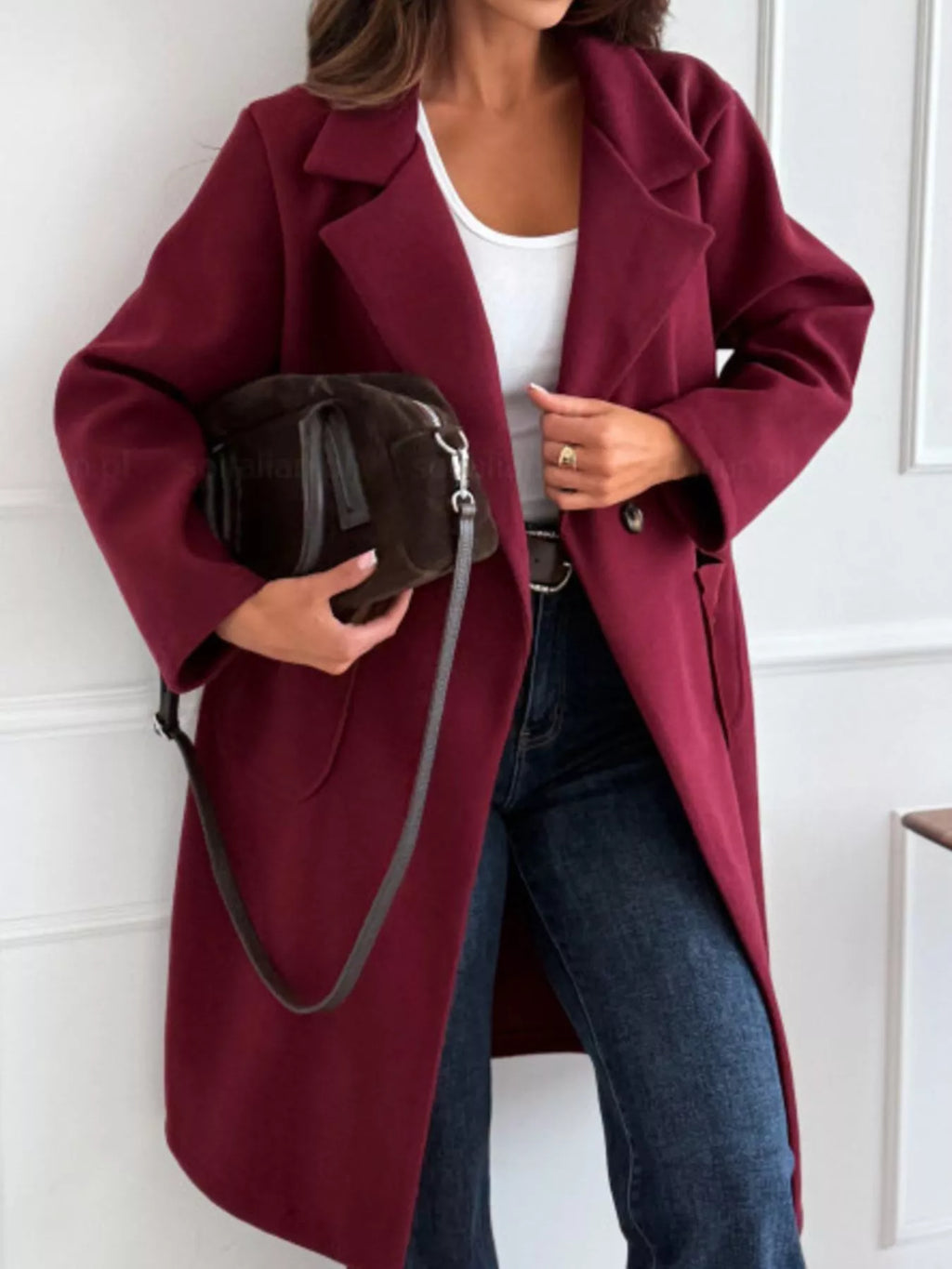 2XL burgundy long-sleeve single-breasted trench coat, wide lapels and front buttons