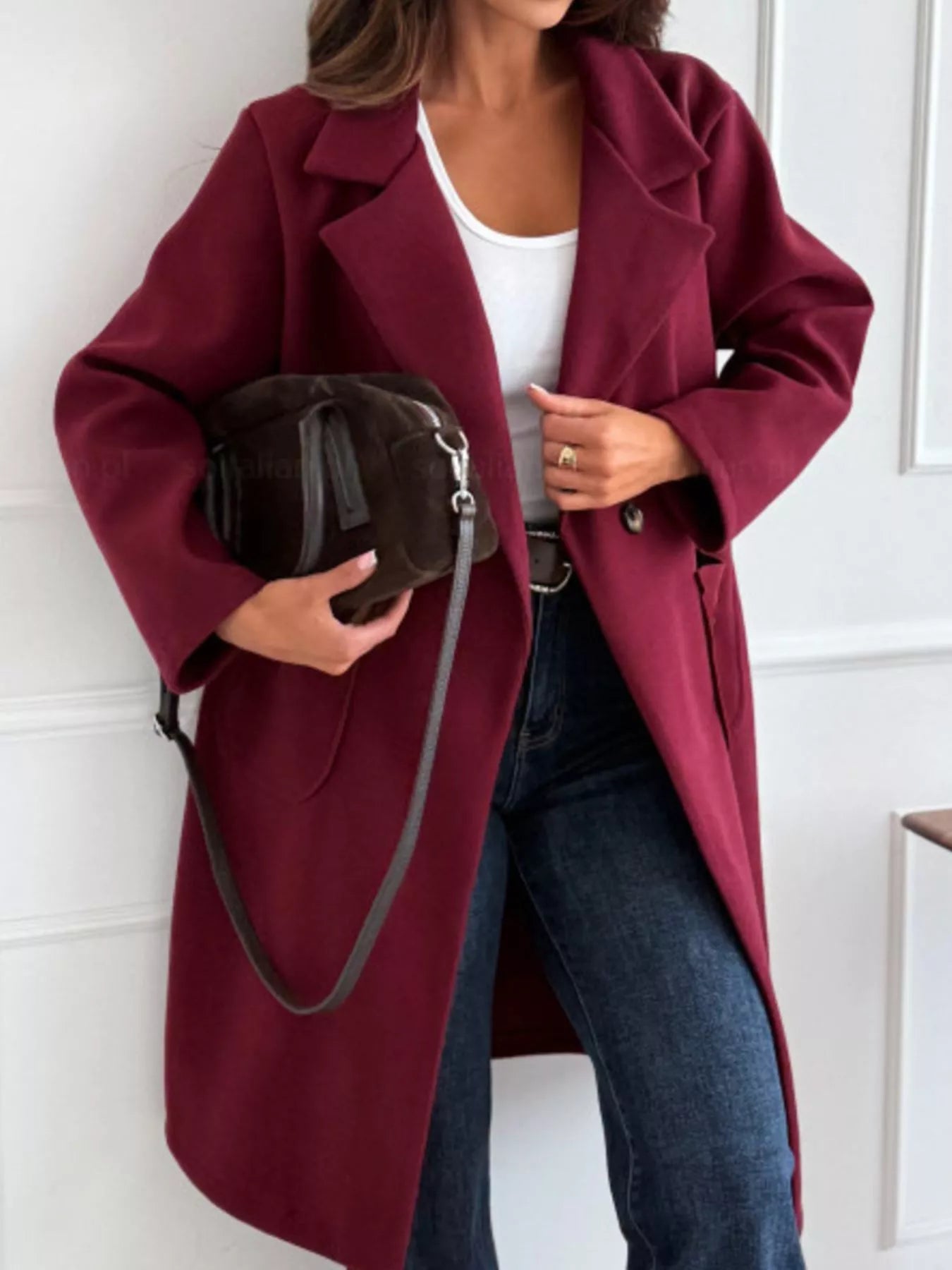 2XL burgundy long-sleeve single-breasted trench coat, wide lapels and front buttons