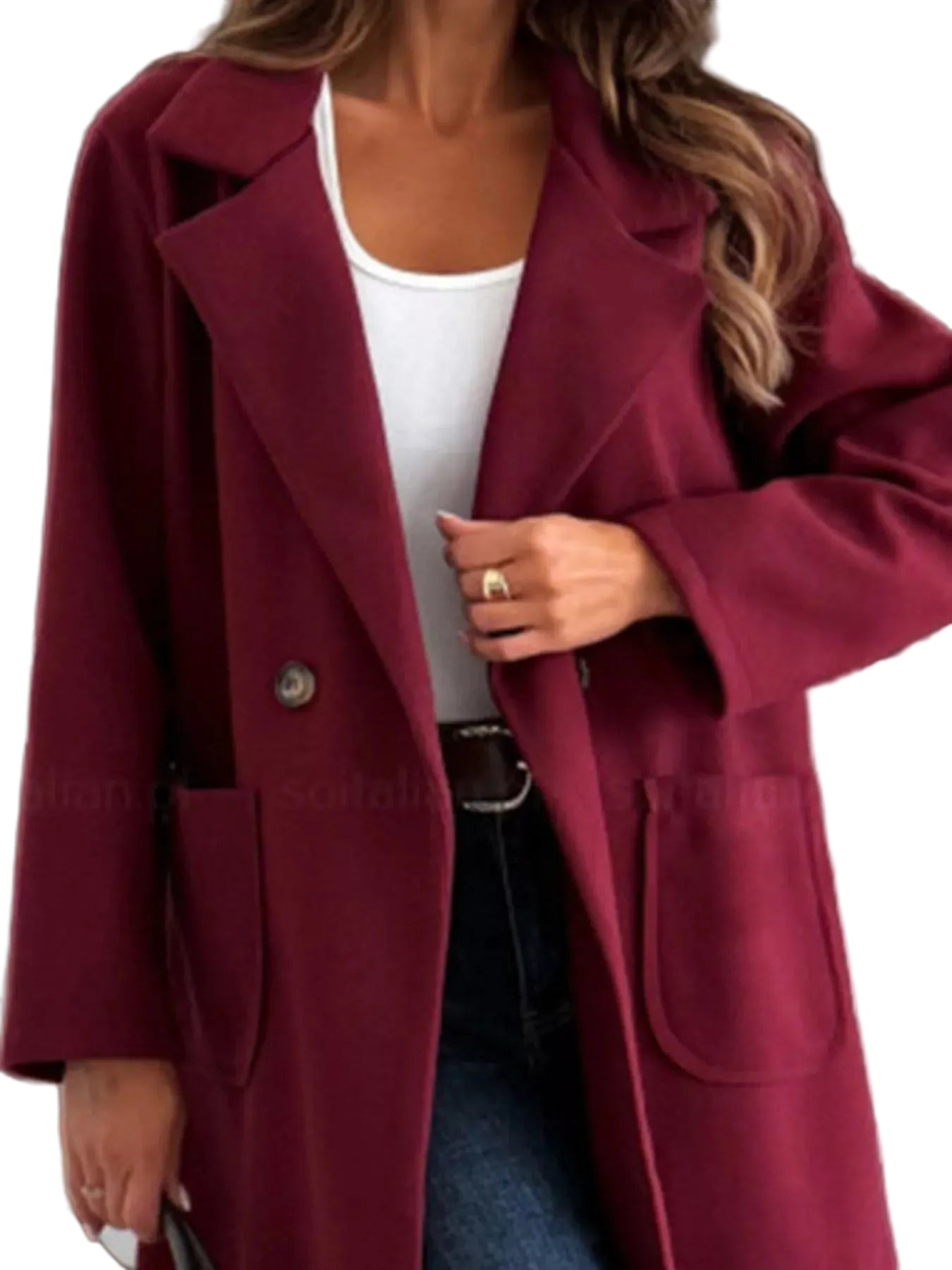 Burgundy 2XL trench coat with flap pockets, wide lapels, and belted waist