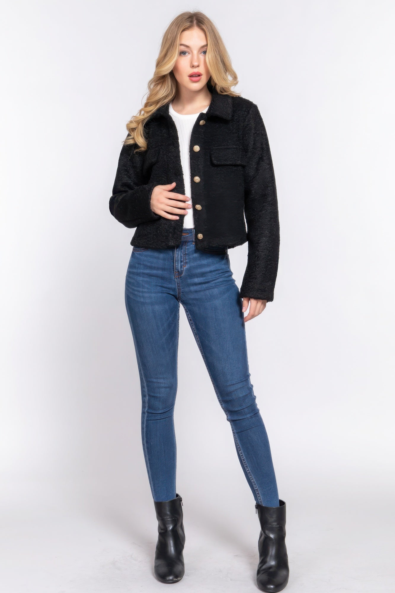Black Long Sleeve Teddy Fleece Short Jacket - Tigbul's Variety Fashion Shop