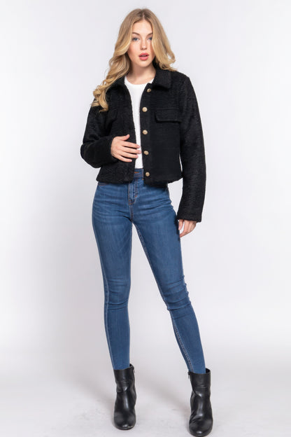 Black Long Sleeve Teddy Fleece Short Jacket - Tigbul's Variety Fashion Shop