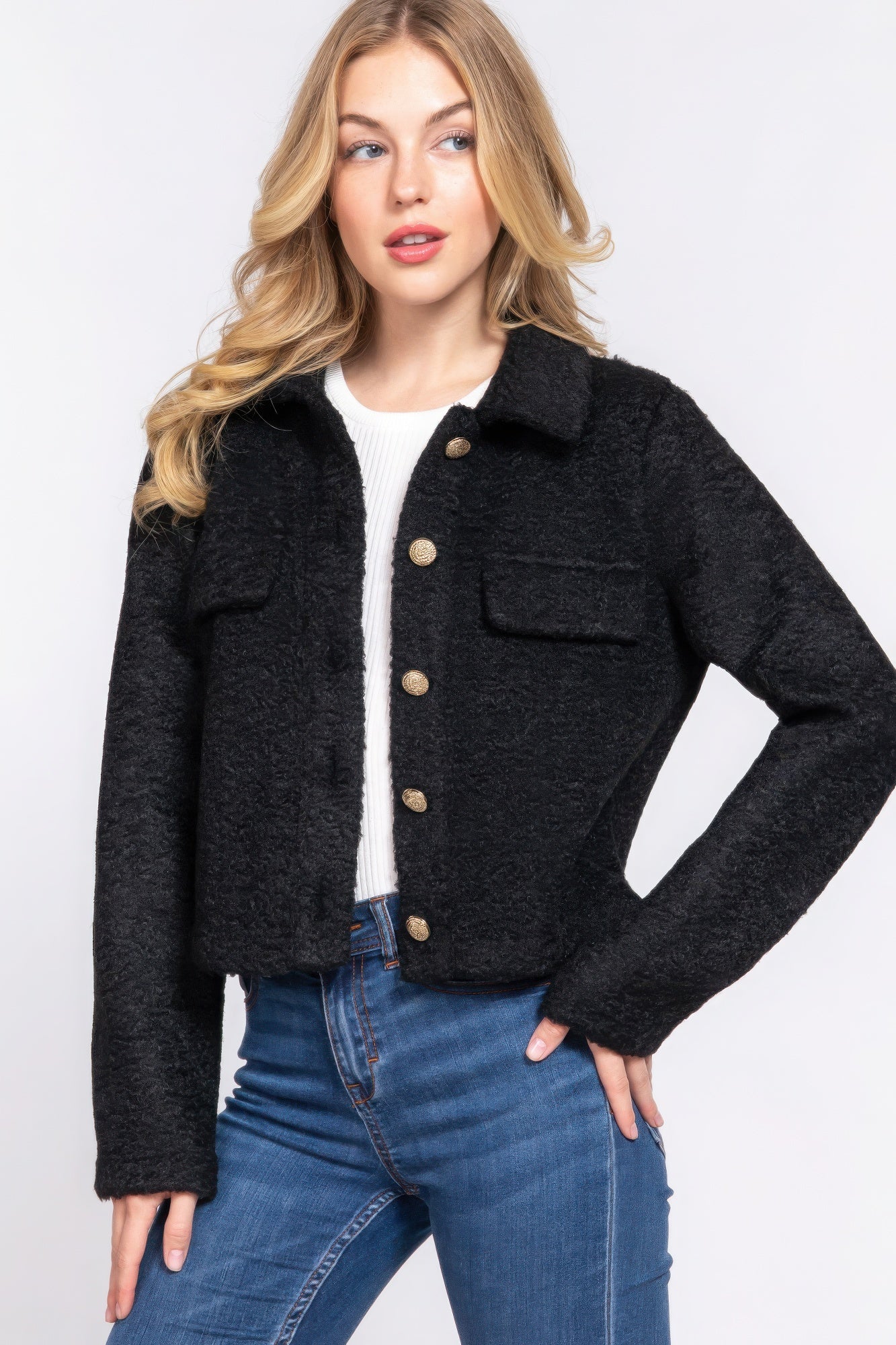 Black Long Sleeve Teddy Fleece Short Jacket - Tigbul's Variety Fashion Shop