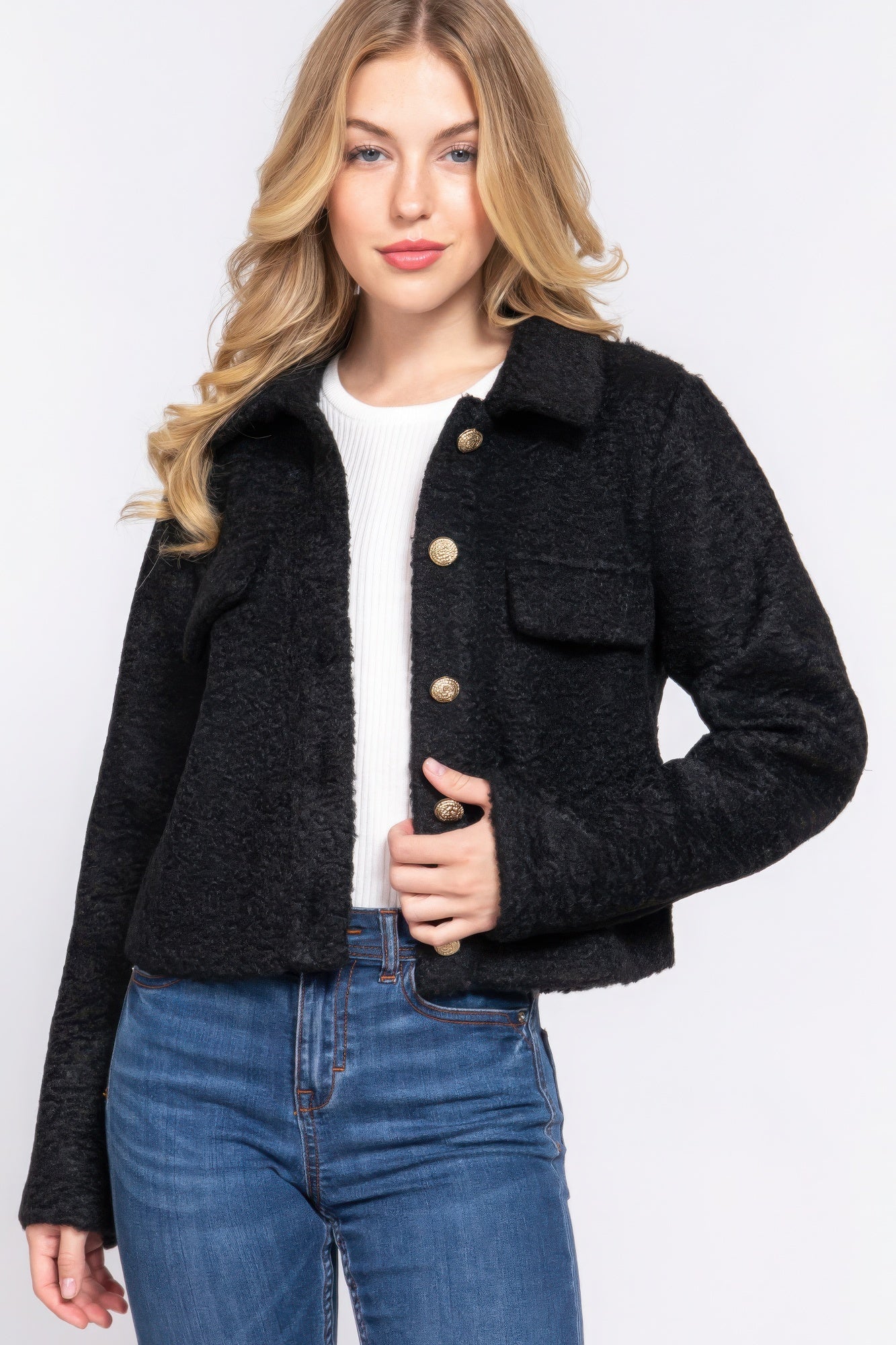 Black Long Sleeve Teddy Fleece Short Jacket - Tigbul's Variety Fashion Shop