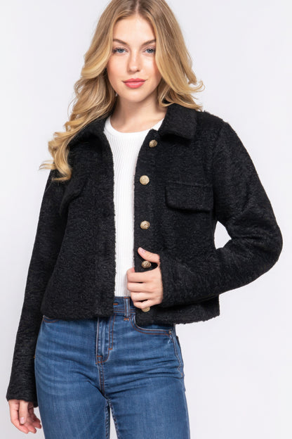 Black Long Sleeve Teddy Fleece Short Jacket - Tigbul's Variety Fashion Shop