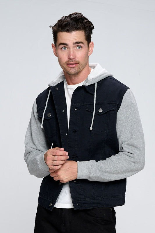 Black denim jacket with gray fleece hood and sleeves, front pockets with snap buttons