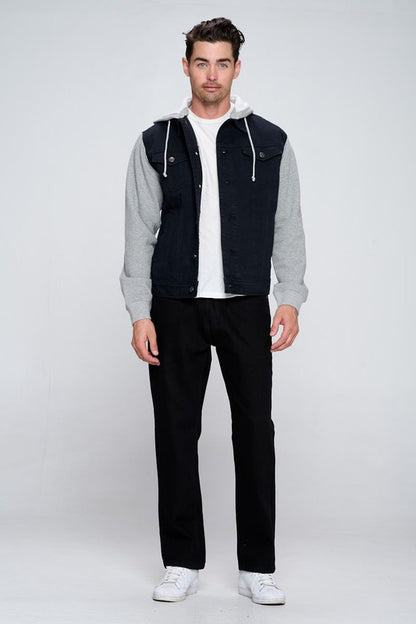Men's Black Denim Jacket with Gray Fleece Hoodie/Arms - Tigbul's Variety Fashion Shop