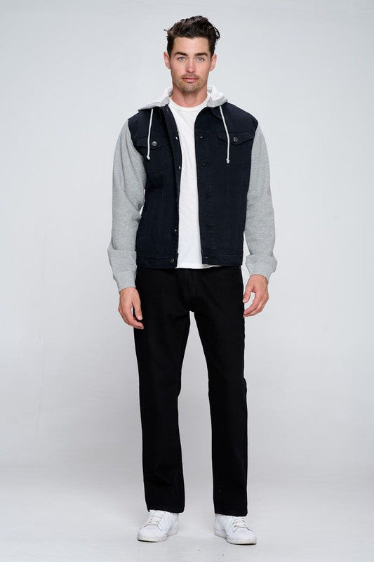 Black denim jacket with attached hoodie, gray fleece sleeves and button front
