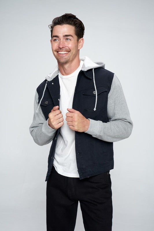 Black denim jacket with attached gray fleece hood, drawstrings and front buttons