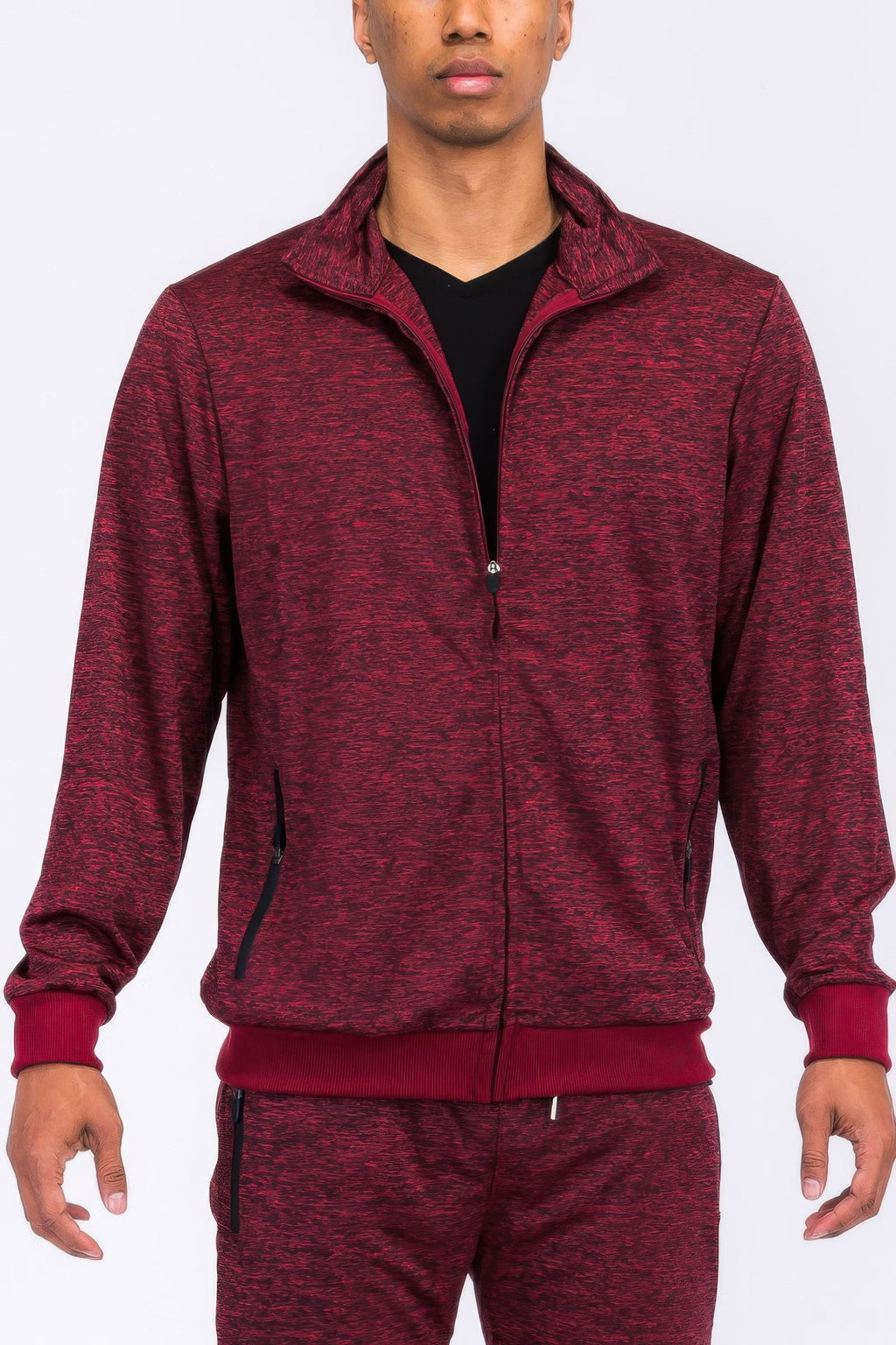 Men's marbled track jacket, burgundy with half-zip and stand collar, ribbed cuffs