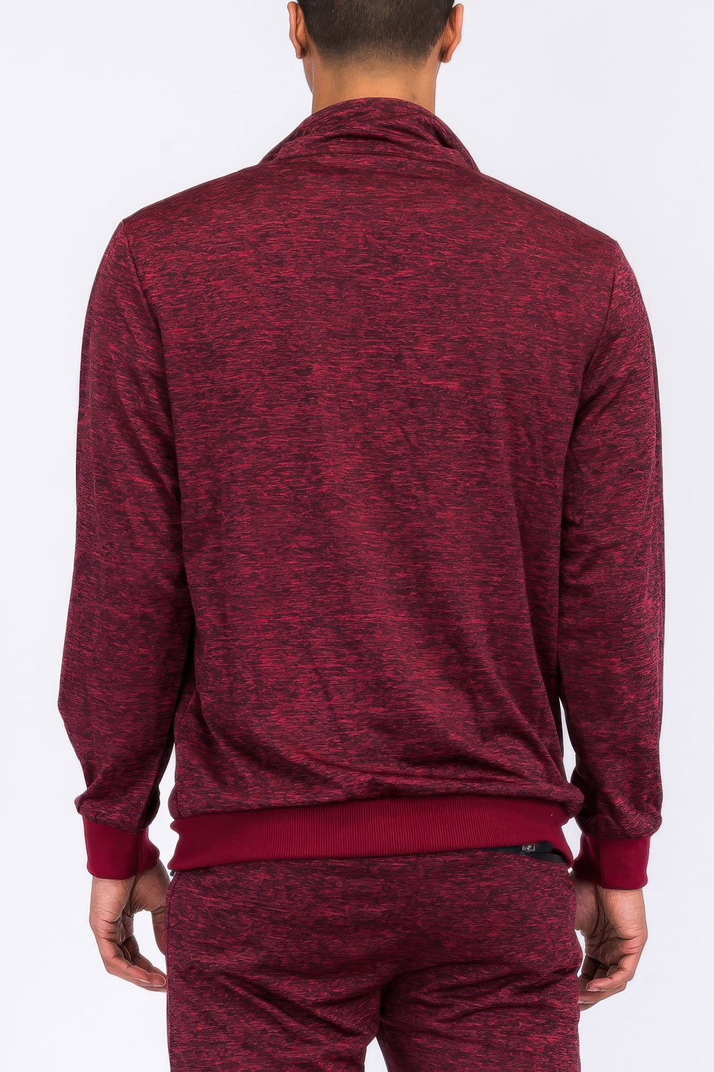 Burgundy marbled track jacket back view, half-zip style with ribbed waistband