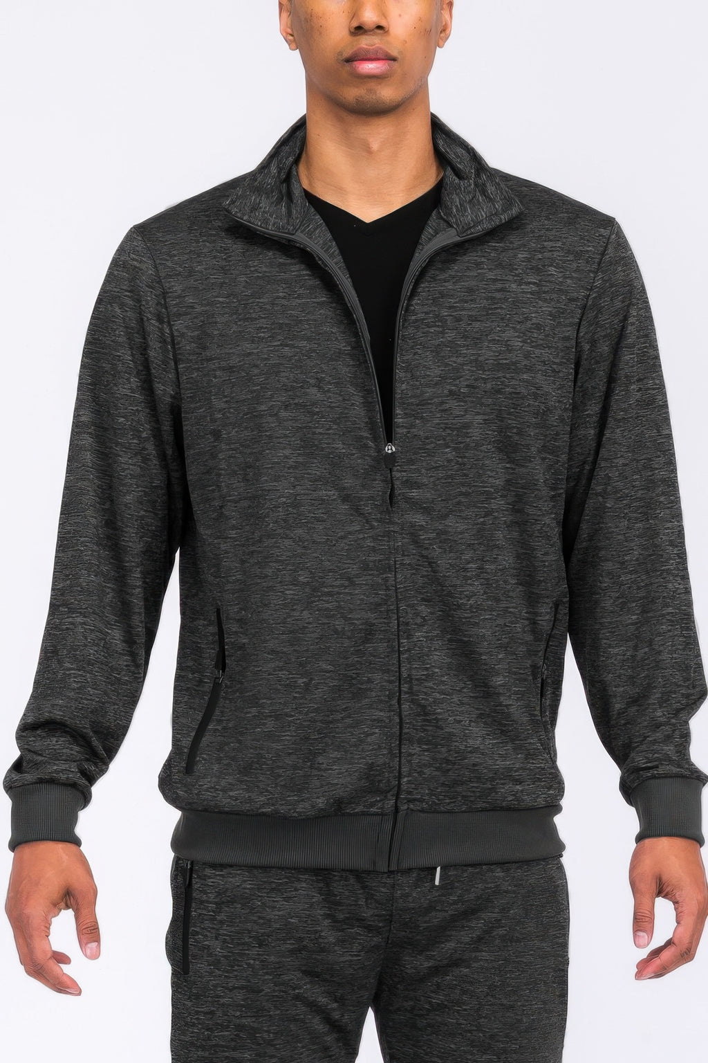 Men's marbled track jacket, dark grey half-zip with stand collar and ribbed hem