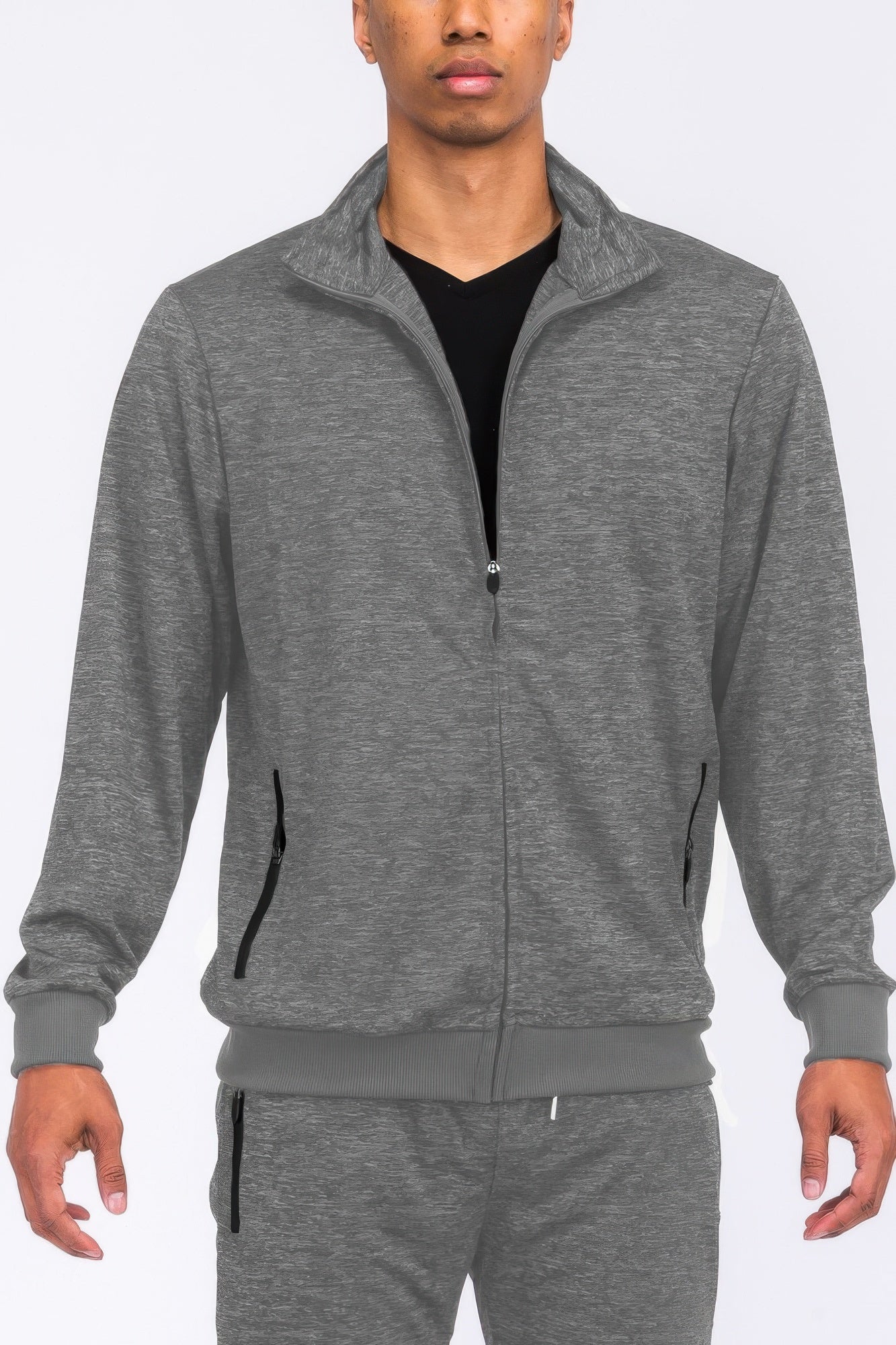 Men's marbled track jacket, heather grey half-zip with stand collar and drawstring