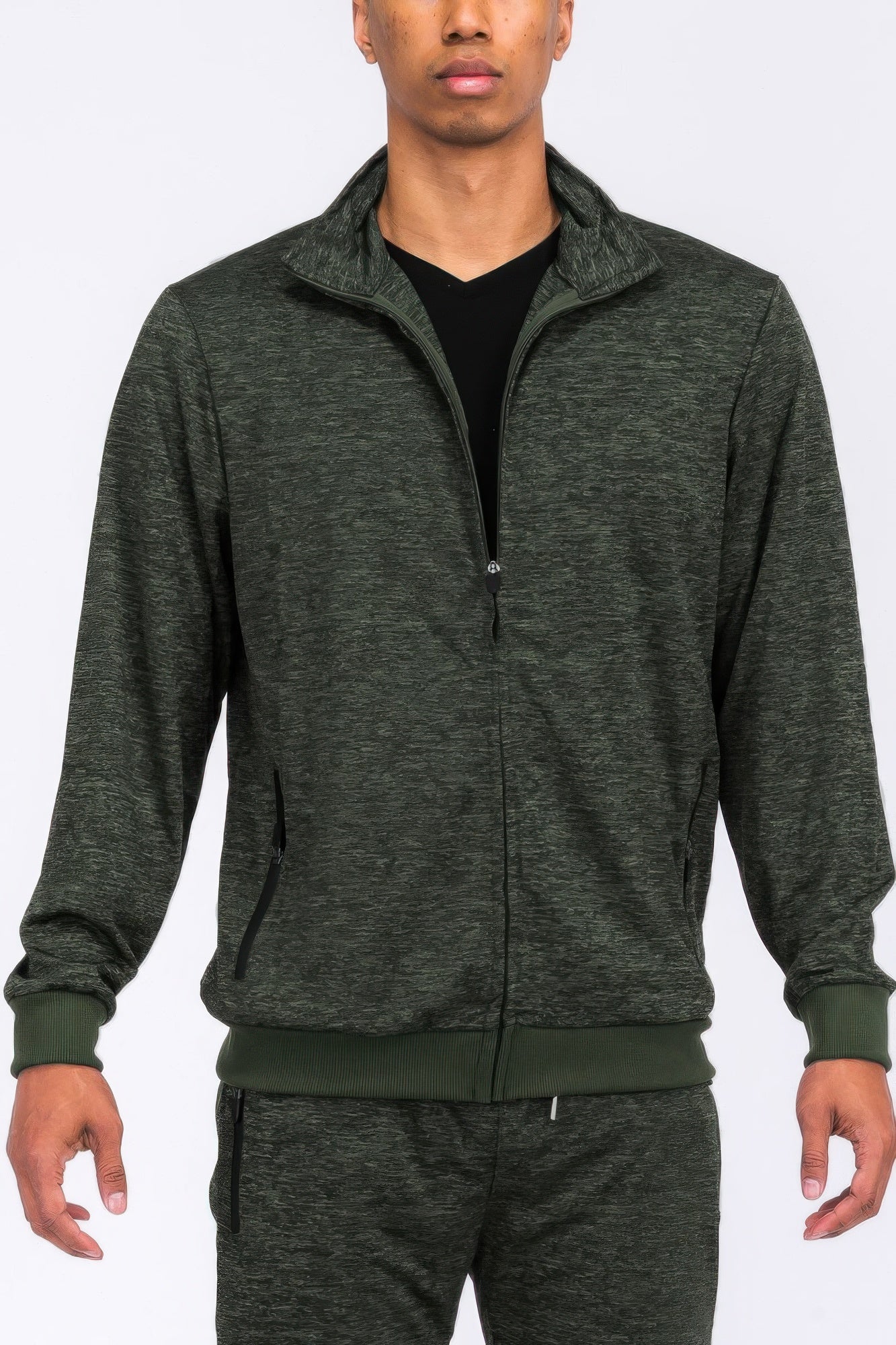 Men's marbled track jacket, olive green half-zip with ribbed cuffs and waistband