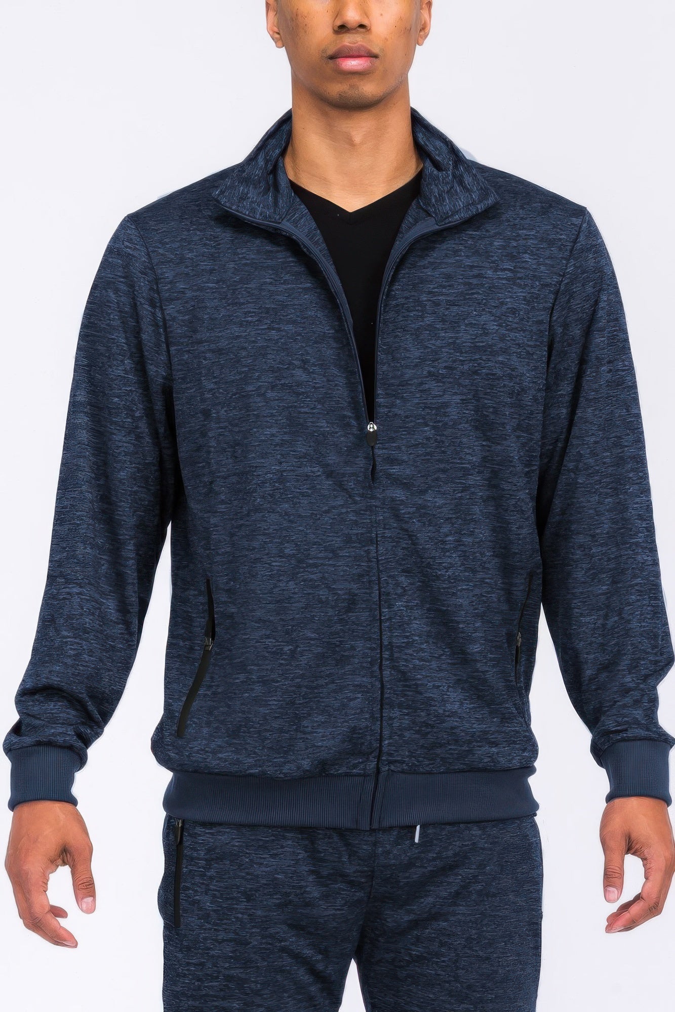 Men's marbled track jacket, navy blue half-zip with stand collar and ribbed cuffs