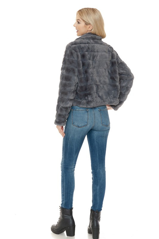 Women's Charcoal Gray Faux Fur Jacket - Tigbul's Variety Fashion Shop