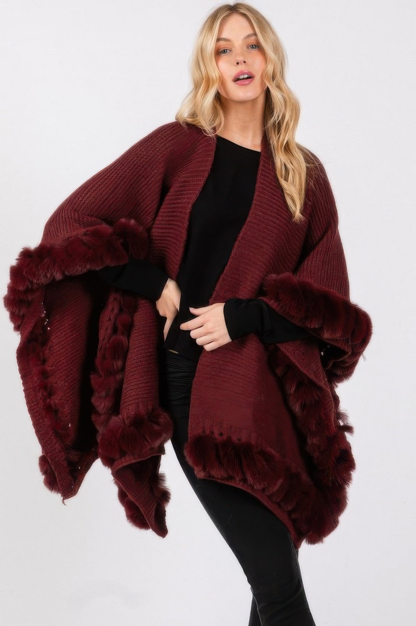 Burgundy faux fur trim cape with large cuffed fur accents