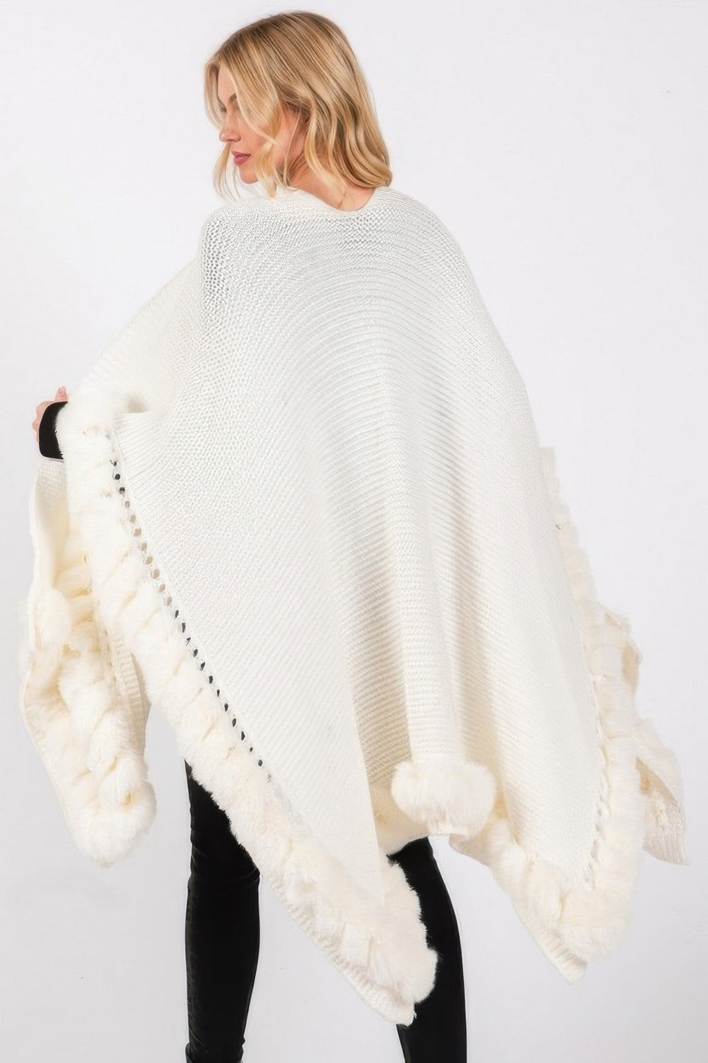Ivory faux fur trim cape, back view with fur-edged hem and sleeves
