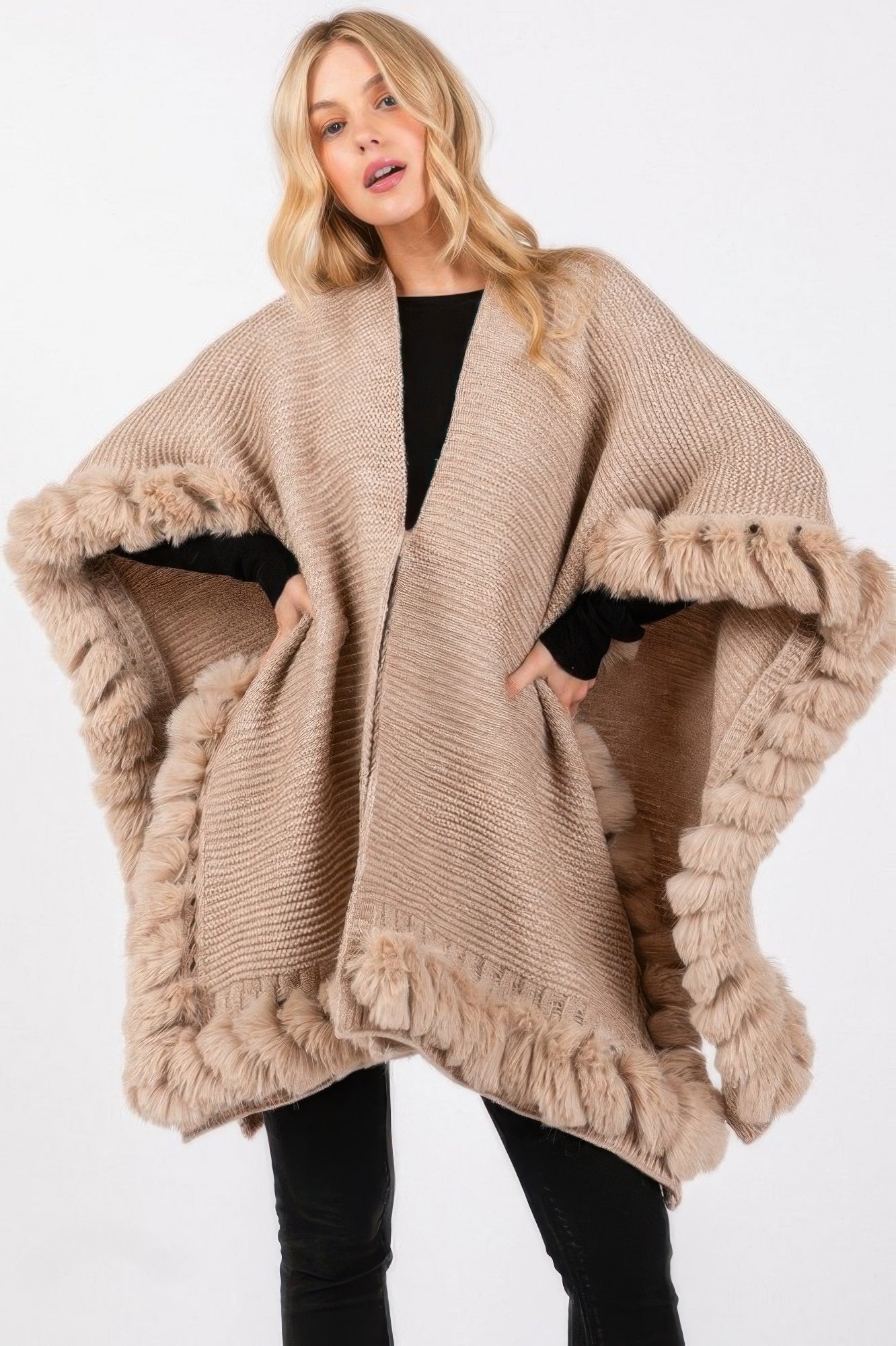Taupe faux fur trim cape with front opening and tie/closure