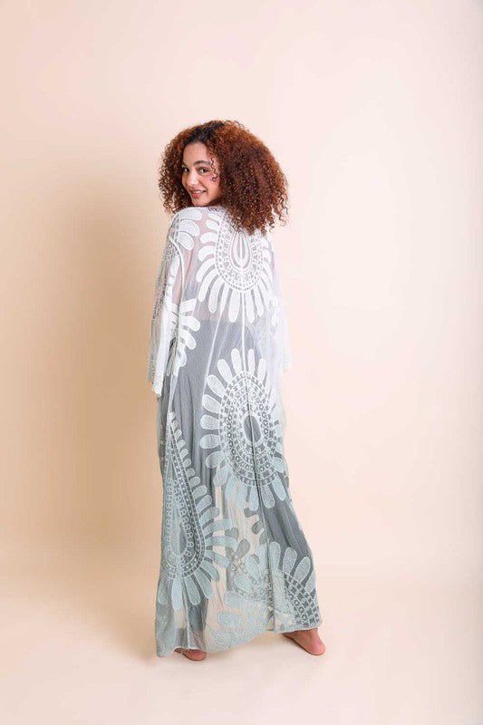 Seafoam-to-white ombre bohemian lace kimono, wide lace sleeves, open-front, one size