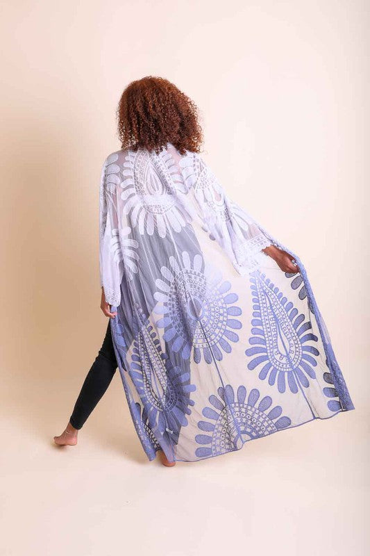 Back view: white-to-blue ombre lace kimono with circular motif print, open-front, one size