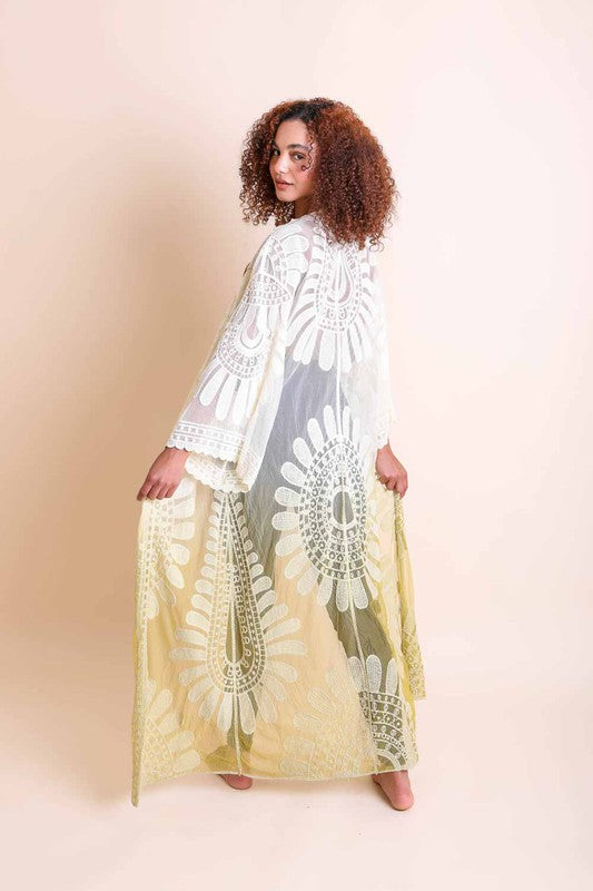 White lace kimono with yellow-to-white ombre print, open-front, wide lace sleeves, one size