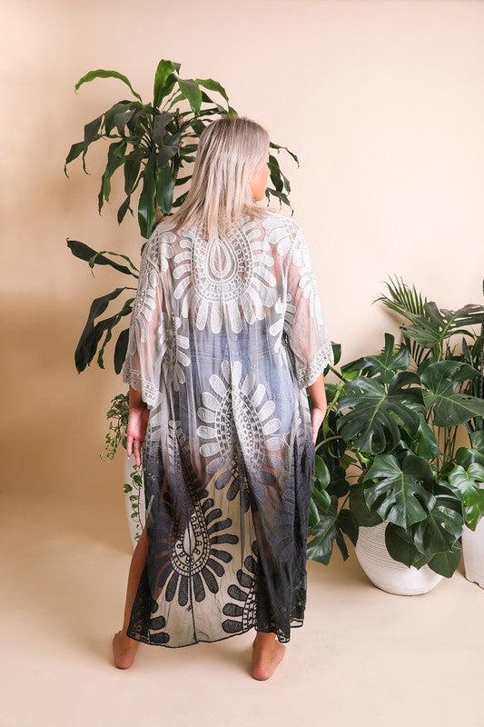 Back view: gray-to-white ombre lace kimono with large mandala motifs, open-front, one size