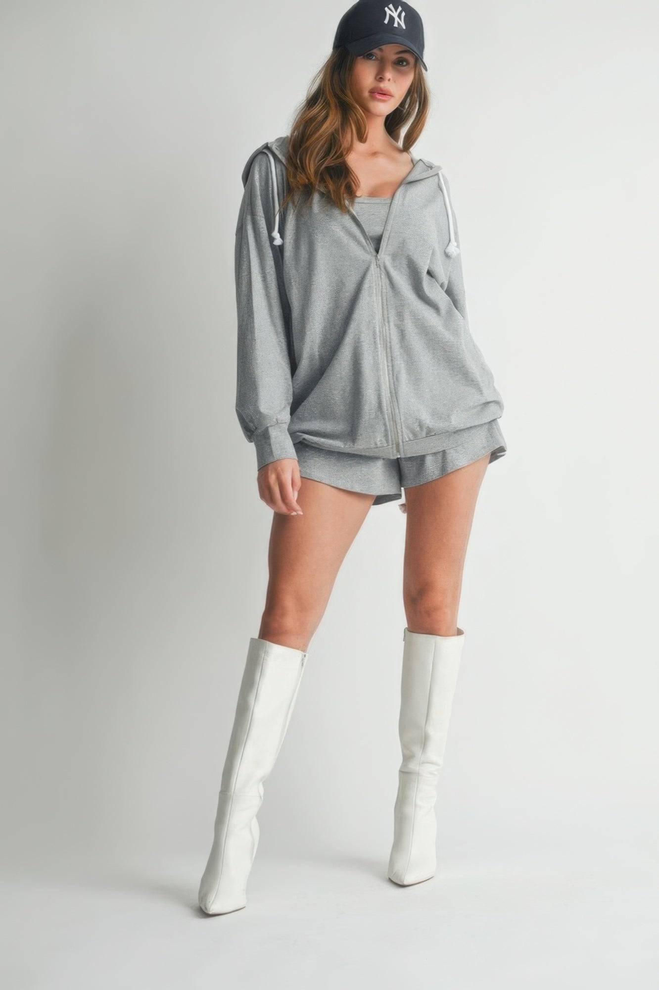 Heather grey zip hoodie set: cropped tank top and drawstring shorts