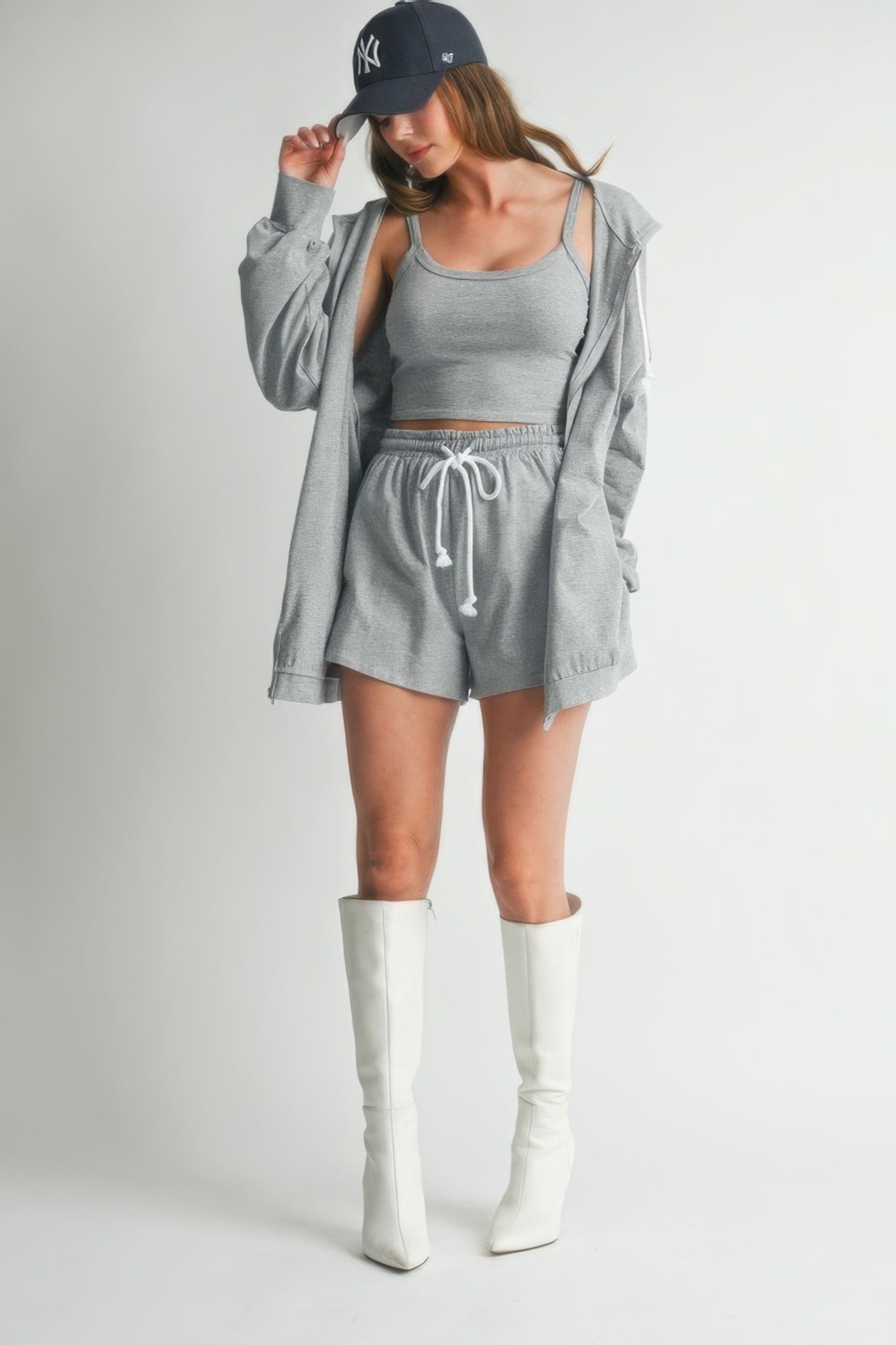 Heather grey 3-piece set: cropped tank, drawstring shorts, zip hoodie