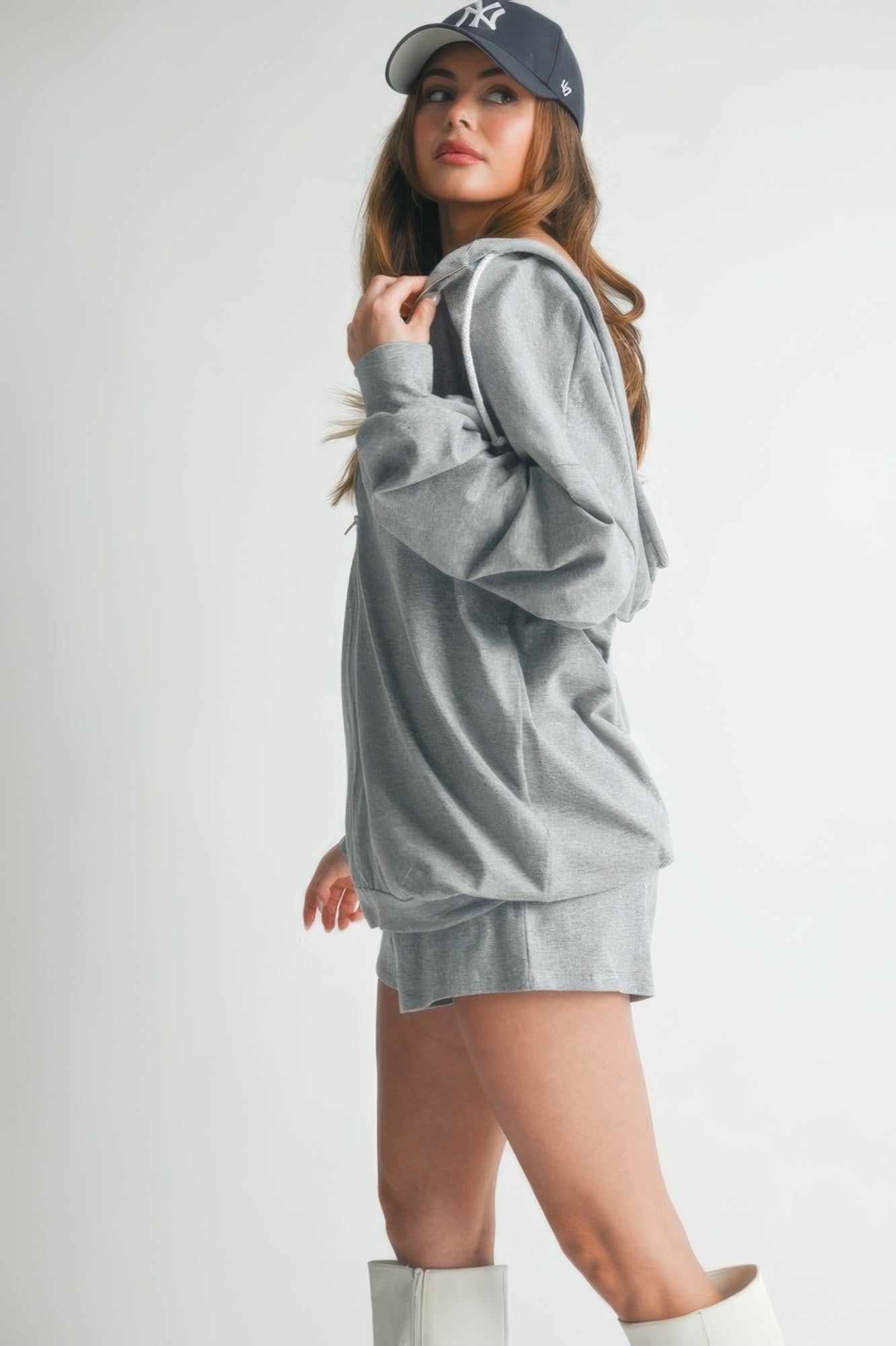 Heather grey hoodie from back view, with matching tank and drawstring shorts