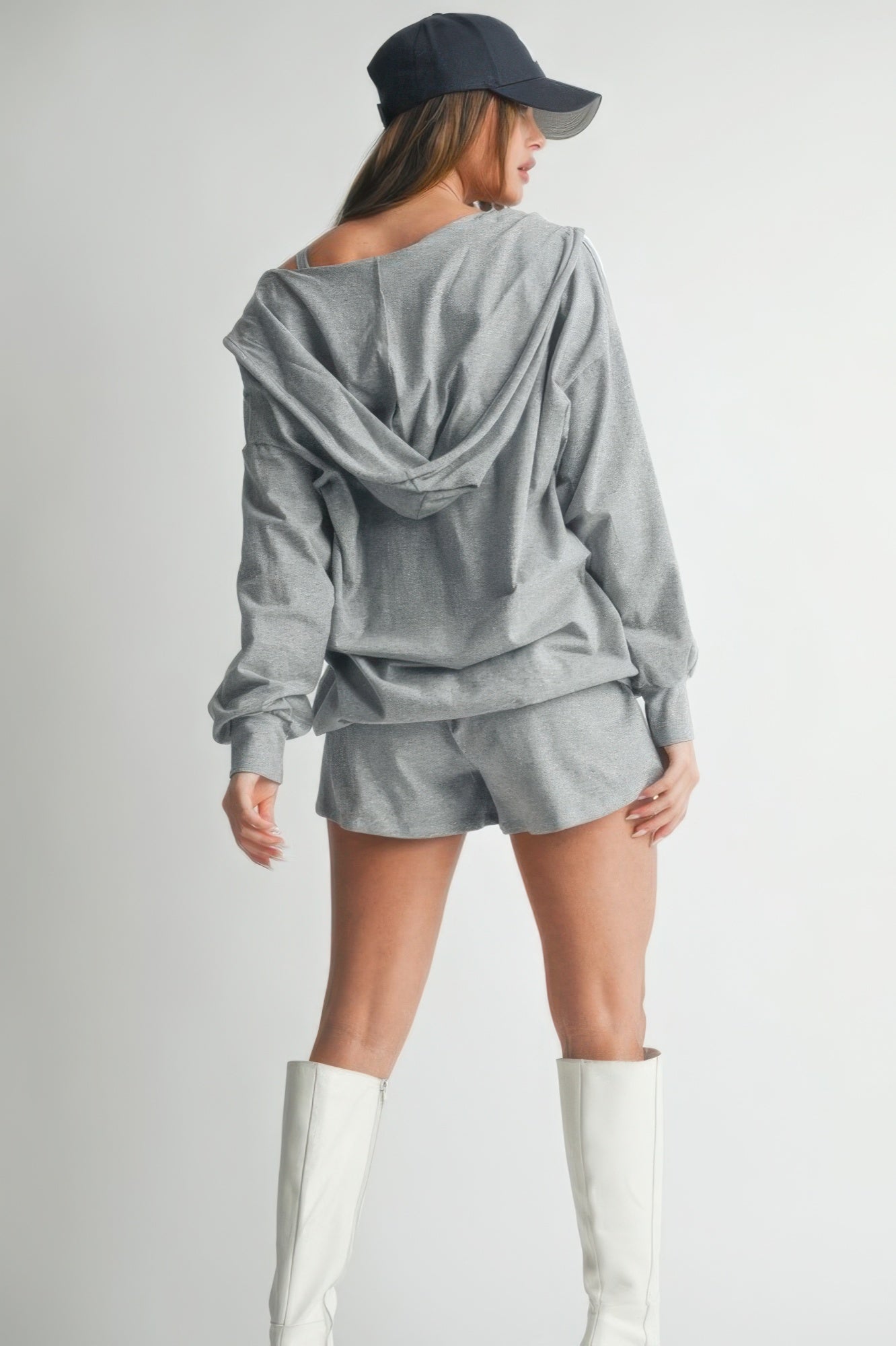 Heather grey 3-piece set from back: zip hoodie, tank, and short with ties