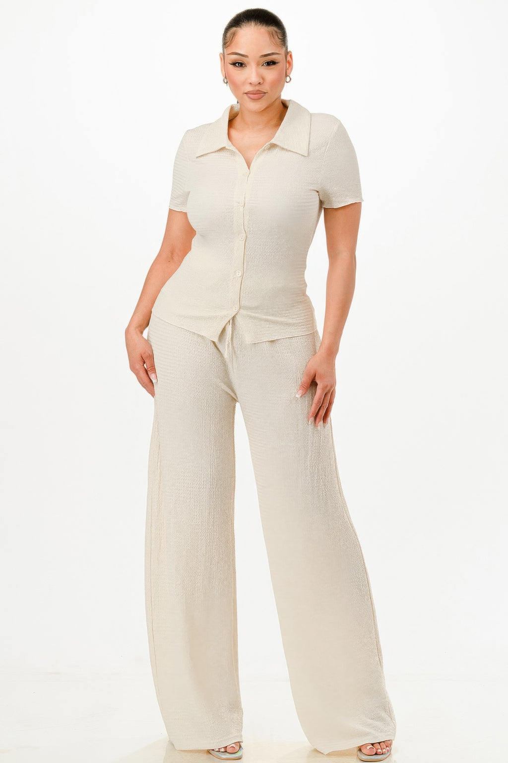 Beige textured polo top and wide-leg pants set, short-sleeve button front