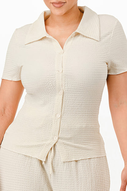 Beige Textured Polo Top And Pants Set - Tigbul's Variety Fashion Shop