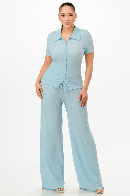 Blue Textured Polo Top And Pants Set - Tigbul's Variety Fashion Shop