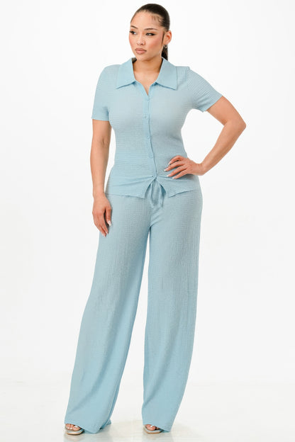 Blue Textured Polo Top And Pants Set - Tigbul's Variety Fashion Shop