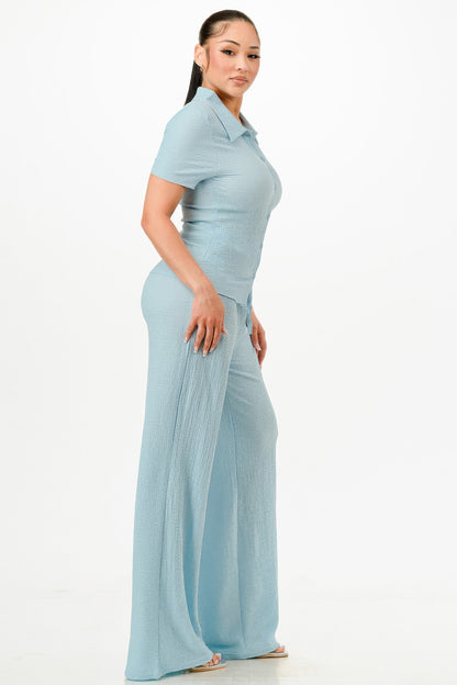 Blue Textured Polo Top And Pants Set - Tigbul's Variety Fashion Shop