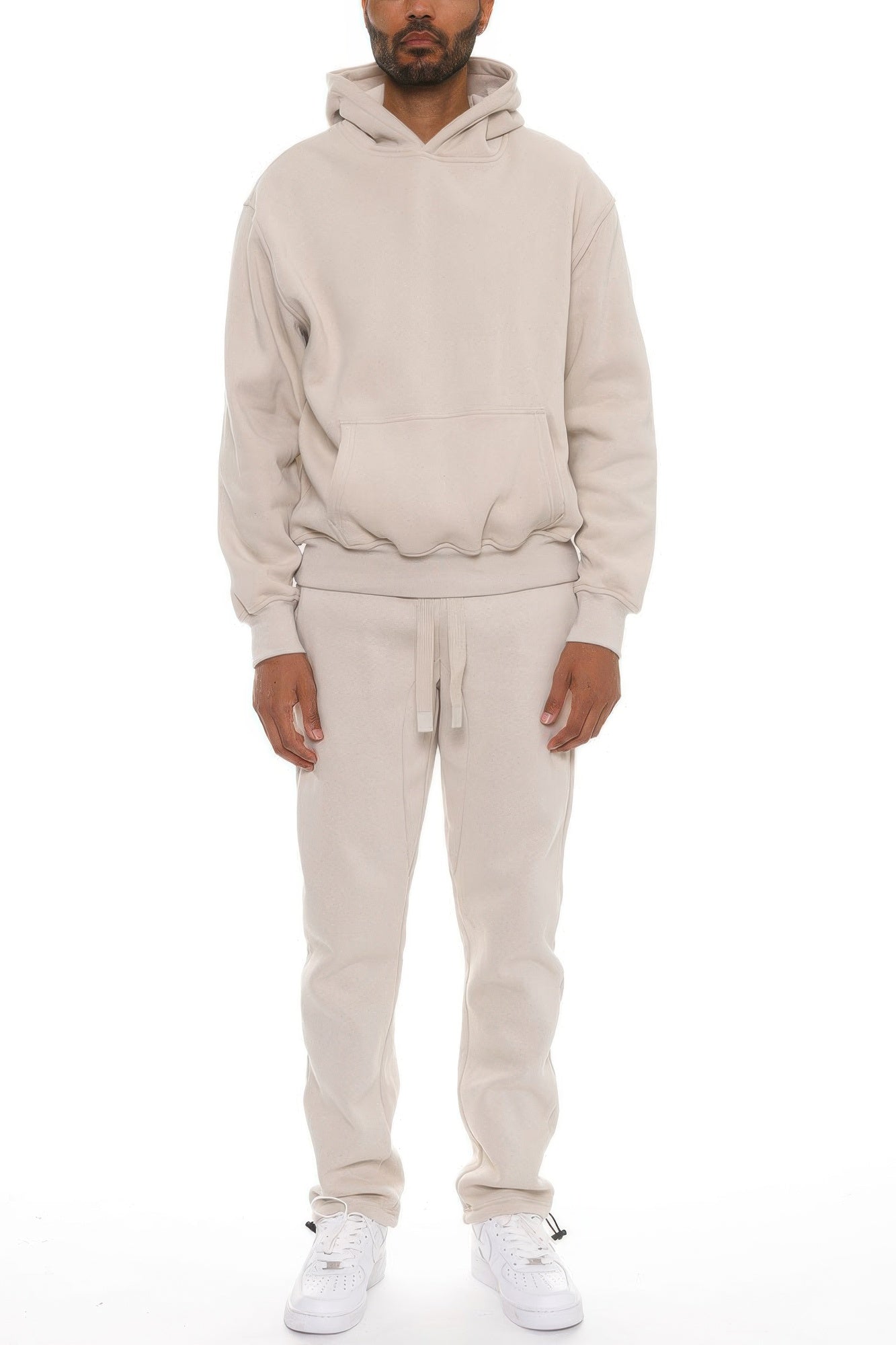 Oatmeal men’s cotton-blend hoodie set with drawstring hood and matching joggers