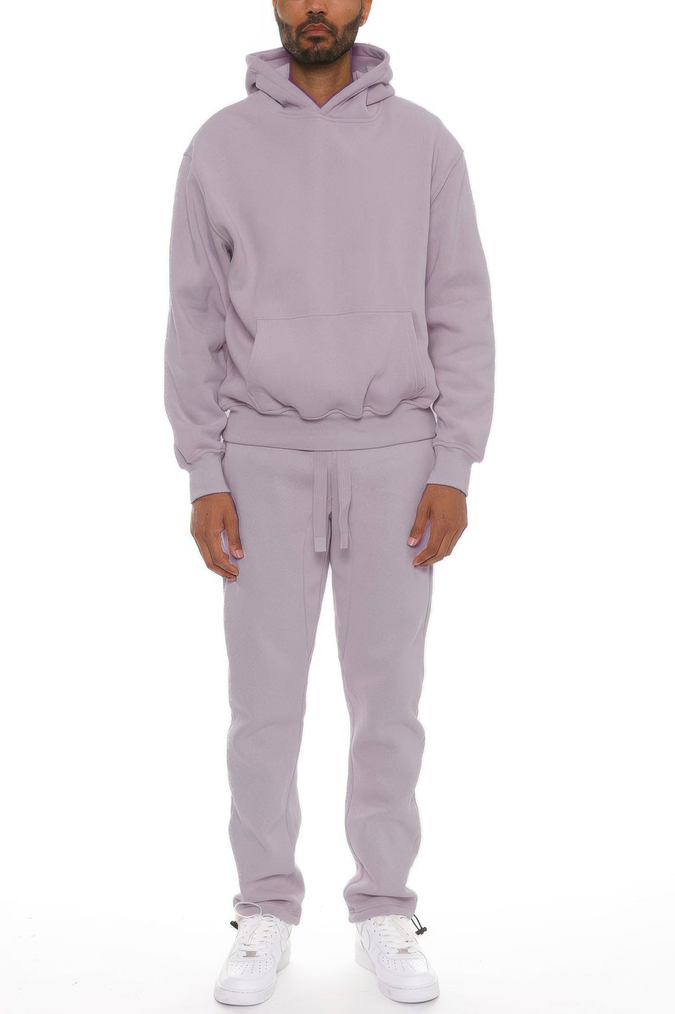 Light purple men’s hoodie set front view with drawstring hood and joggers