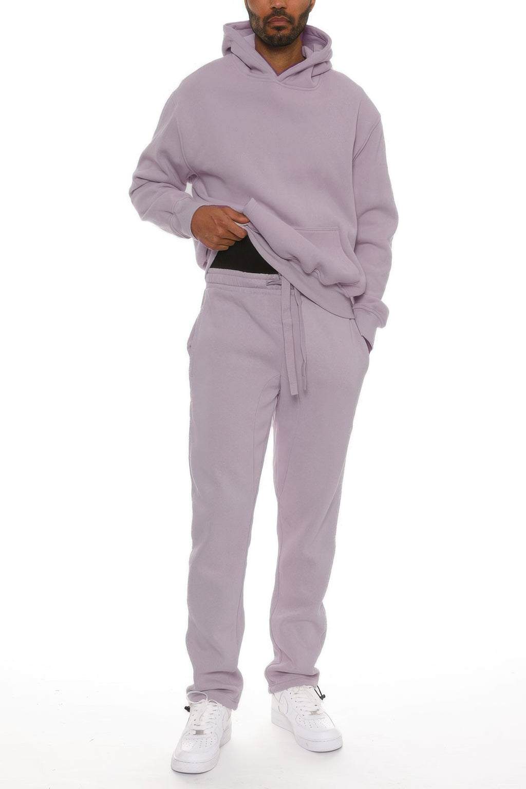 Light purple men’s cotton-blend hoodie and matching drawstring joggers