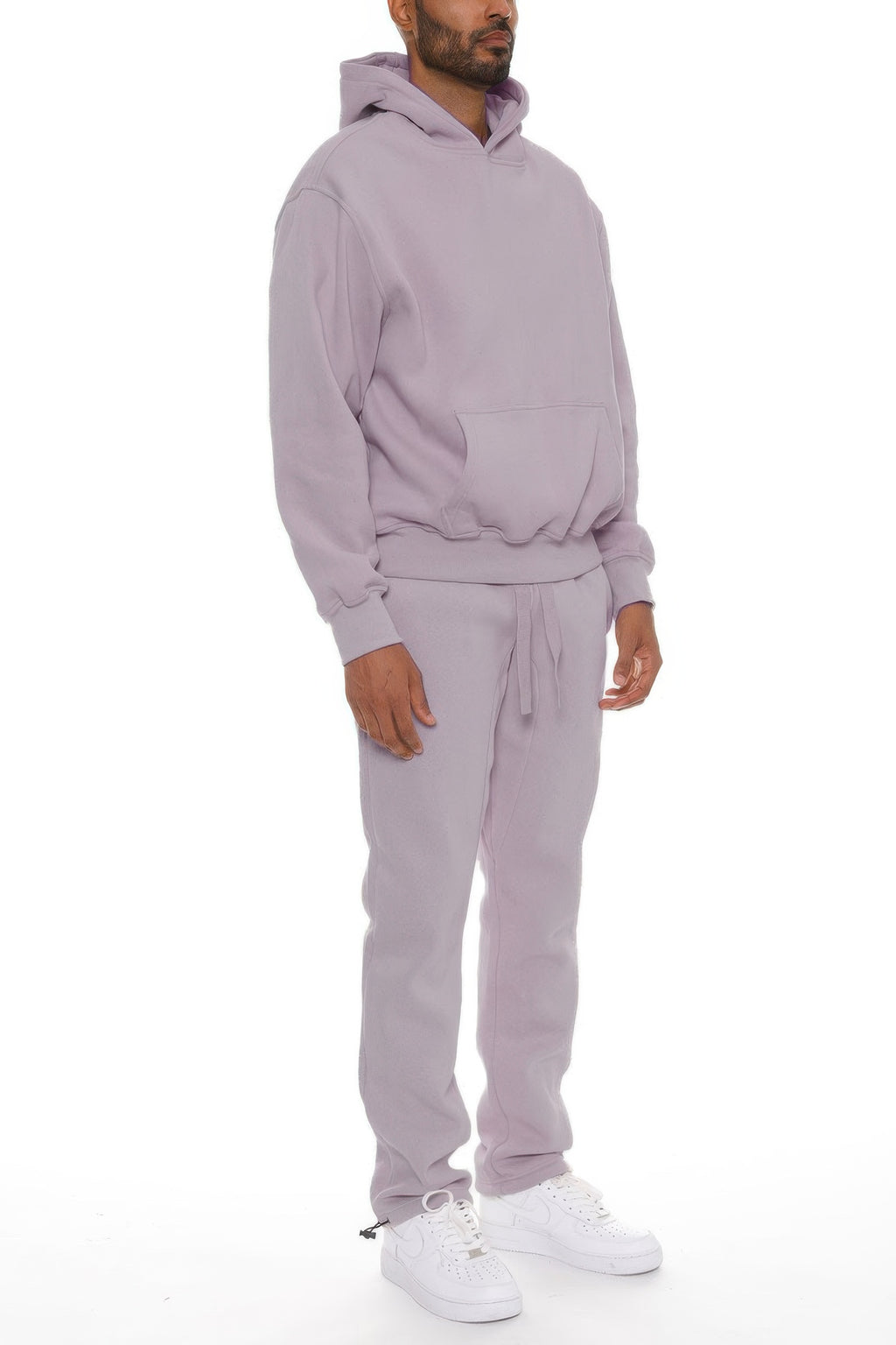 Light purple men’s hoodie set side view with kangaroo pocket and drawstring pants