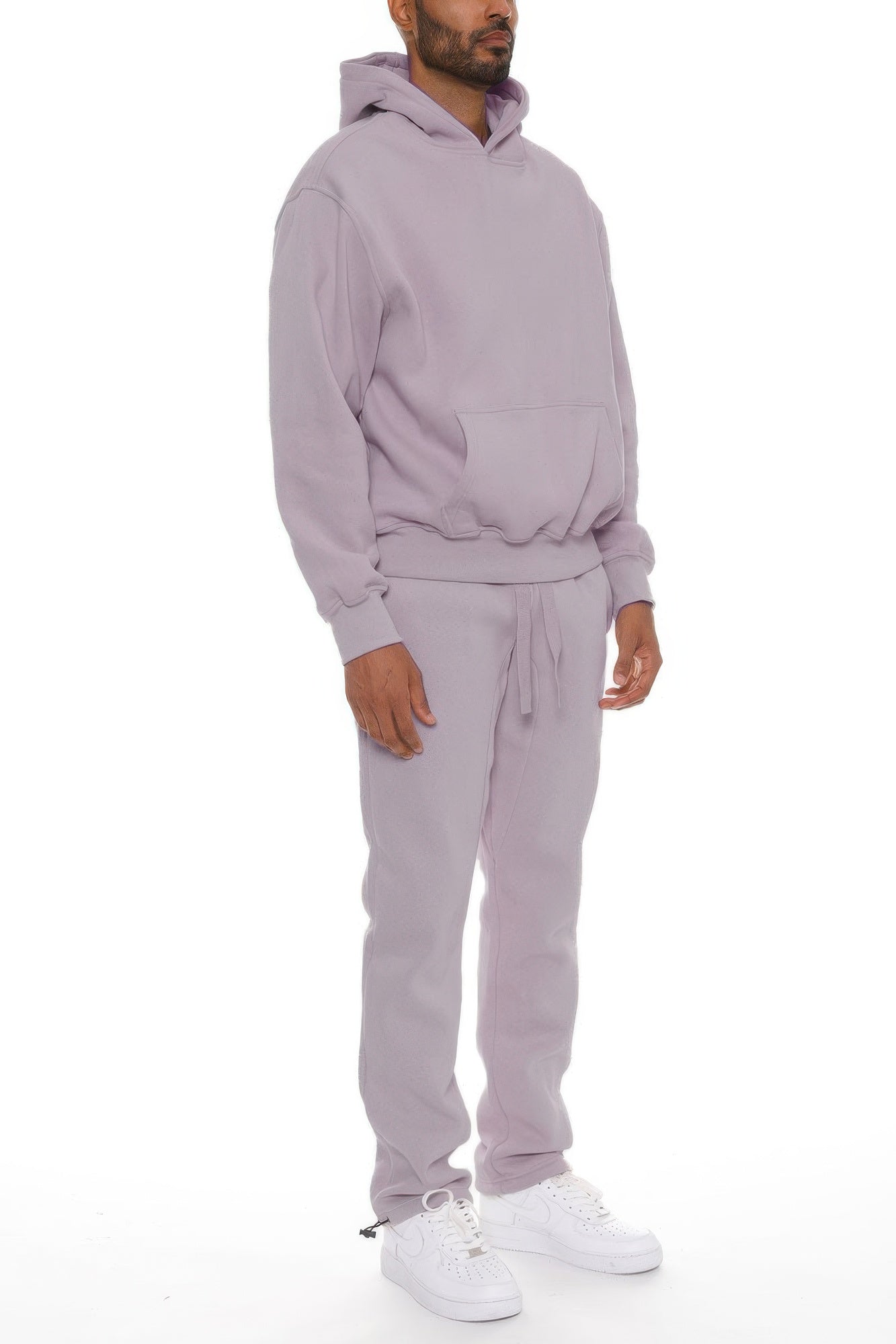 Light purple men’s hoodie set side view with kangaroo pocket and drawstring pants