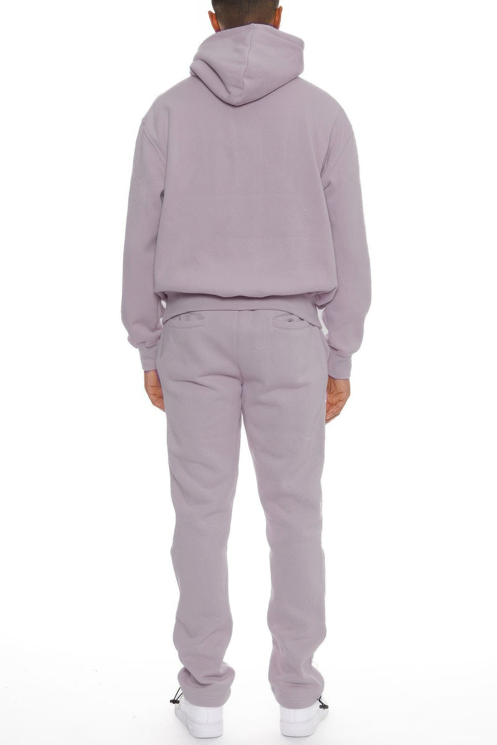 Men’s hoodie set in lavender: pullover hood, matching jogger pants, rear view