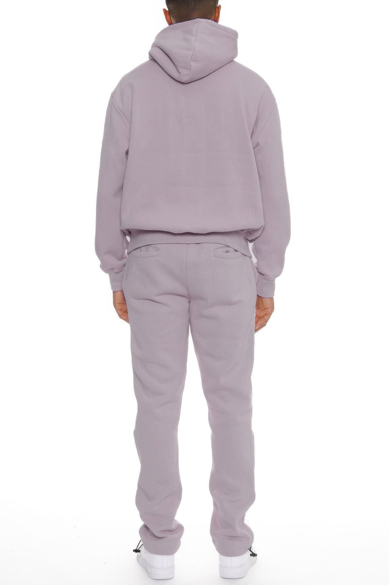 Men’s hoodie set in lavender: pullover hood, matching jogger pants, rear view