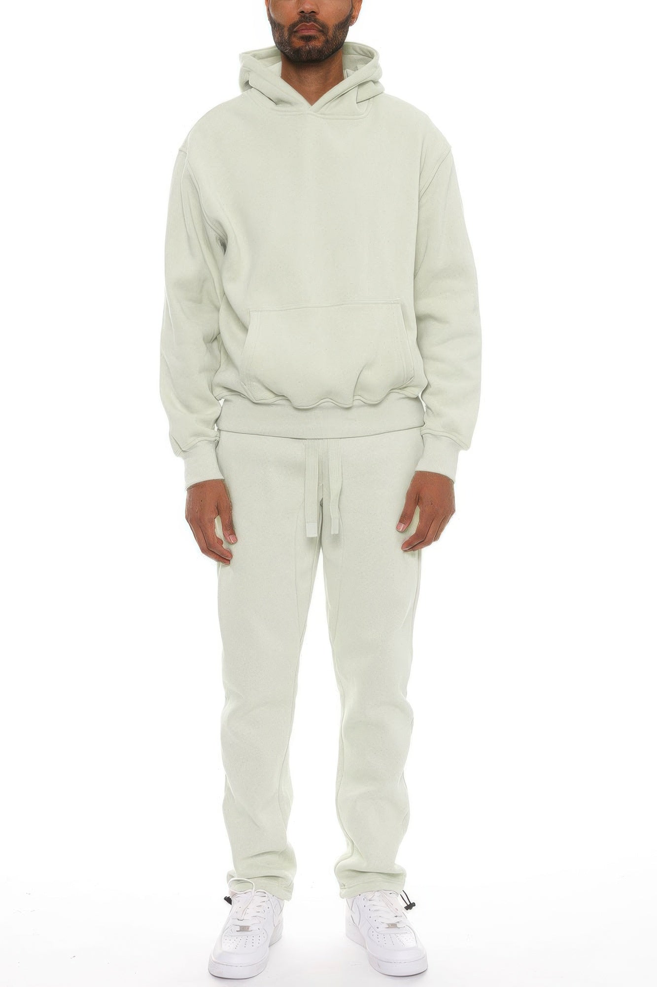 Men’s hoodie set in cream: pullover hood and front pocket, matching joggers