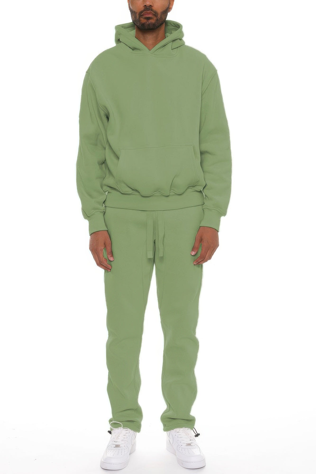 Green men’s hoodie set with pullover hood, kangaroo pocket, and drawstring joggers